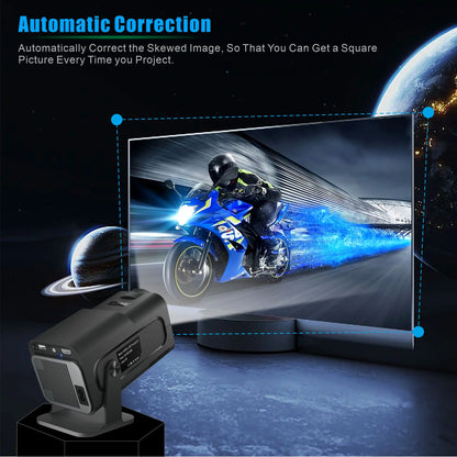 HY320 mini projector demonstrating its automatic correction feature. The image shows the projector displaying a dynamic scene of a blue motorcycle in motion on a screen, with space imagery in the background. The text highlights 'Automatic Correction' for perfectly aligned projections.